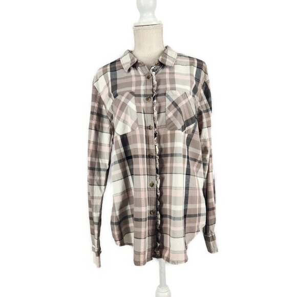 Shyanne Tops - Shyanne Western Button Up Shirt Women's L Brown Pink Plaid Ruffle Feminine